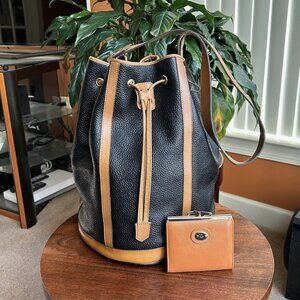 CHRISTIAN DIOR Calfskin Drawstring Bucket Bag and Wallet Black and Camel Tan